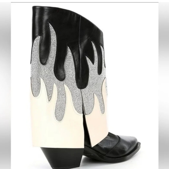 GIANNI BINI Flame Western Rhinestone Fold Over Cowboy Boots Black Conley Two 7.5 - Picture 3 of 8